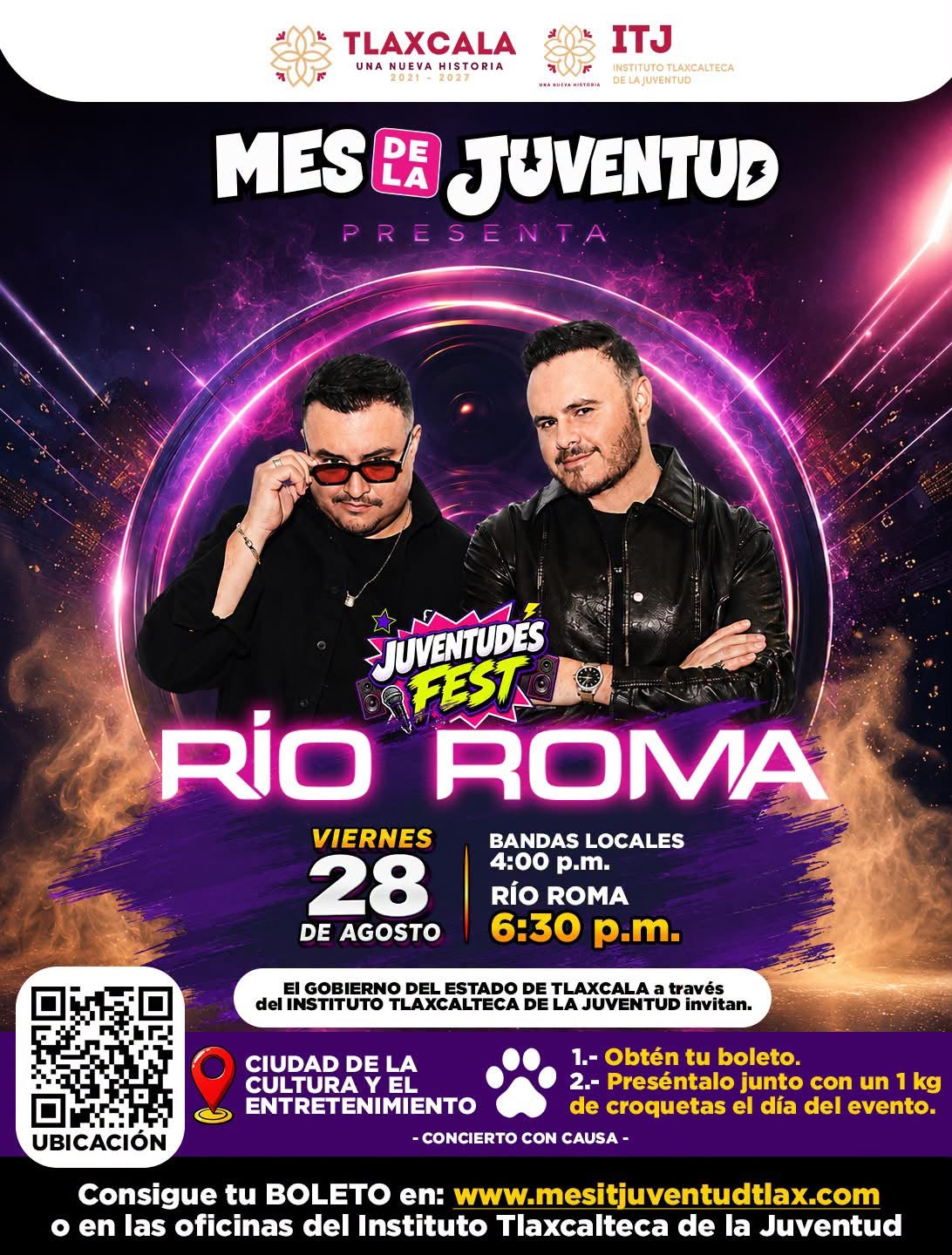Río Roma llegará a Tlaxcala con concierto con causa por el Mes de la Juventud